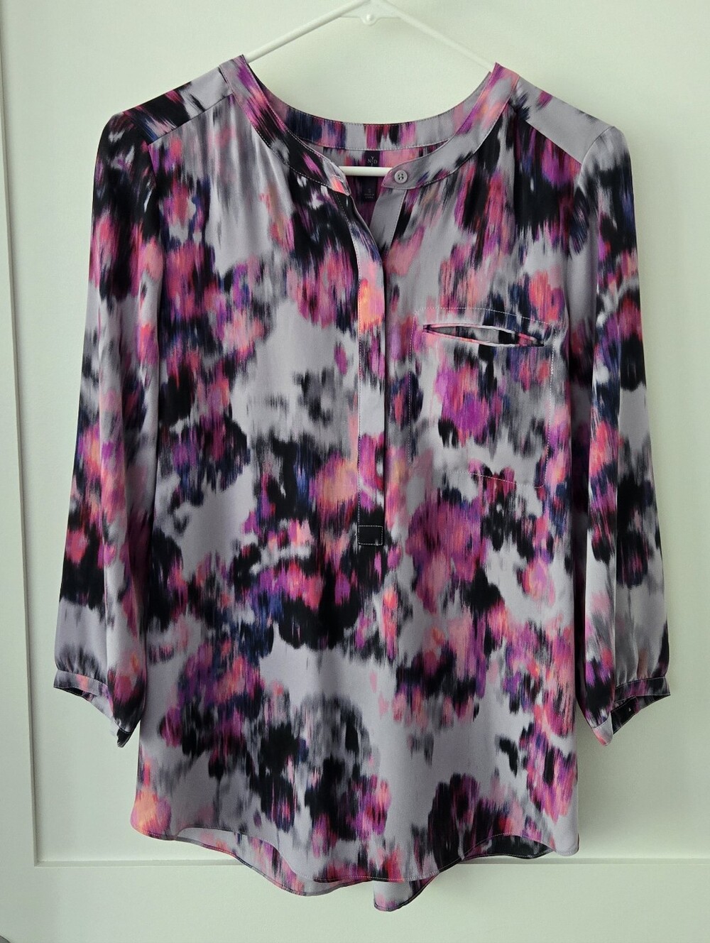 NYDJ Pink Floral Print 3/4 Sleeve Henley Pleated Blouse Sz S